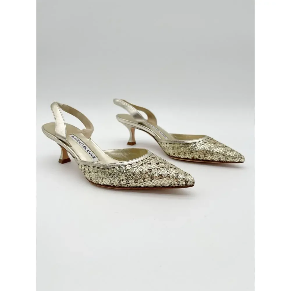 Manolo Blahnik Carolmour Gold Leather Sequin Pointed Toe Slingback Heels IT 35.5